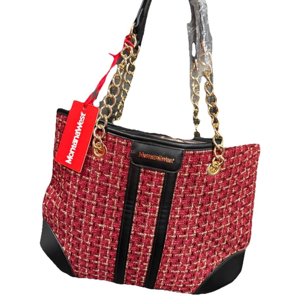 NWT Montana West Red Tweed With Gold  Large Tote Bag Purse